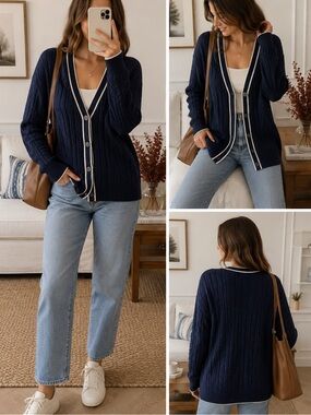 Navy Blue Cable Knit Cardigan with White Trim - Size Medium Tall